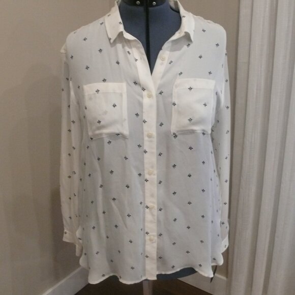 Pendleton Aztec Micro Print Silk Blouse White Blue, New with Tag - Picture 1 of 8